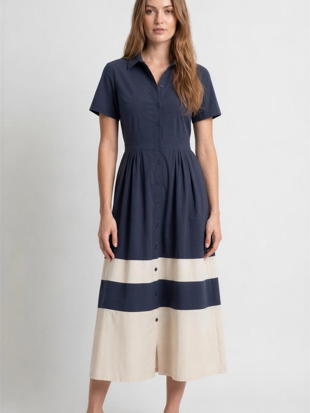 Fig and Flower Brand Classy Pleated Midi Shirtdress Blue and Ivory Size L  NWT